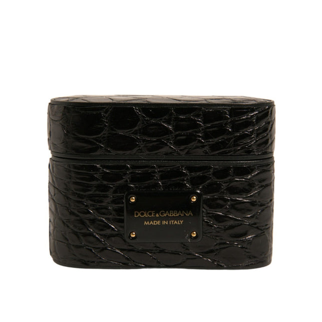 Dolce & Gabbana Black Leather Metal Logo Plaque Holder Airpods Case