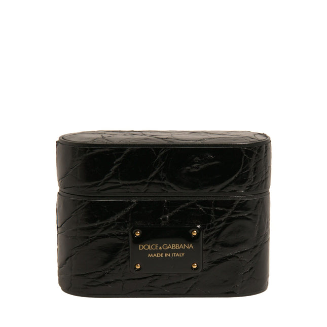 Dolce & Gabbana Black Leather Metal Logo Plaque Holder Airpods Case