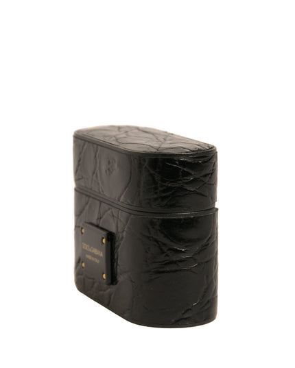 Dolce & Gabbana Black Leather Metal Logo Plaque Holder Airpods Case