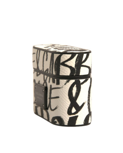 Dolce & Gabbana Black White Leather Scribble Embossed Logo Airpods Case