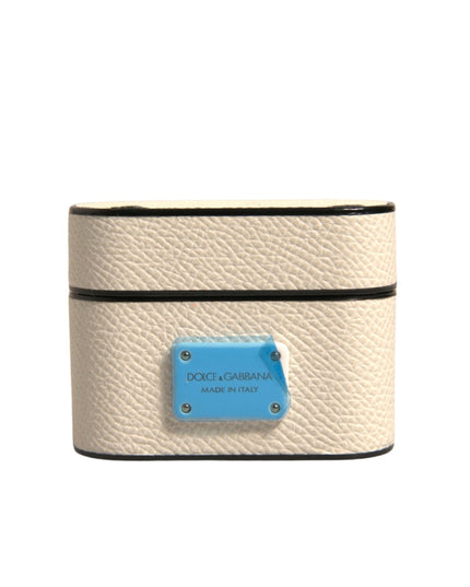 Dolce & Gabbana White Leather Metal Logo Plaque Holder Airpods Case