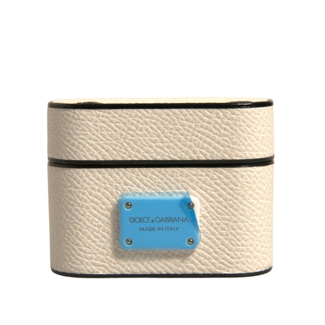 Dolce & Gabbana White Leather Metal Logo Plaque Holder Airpods Case