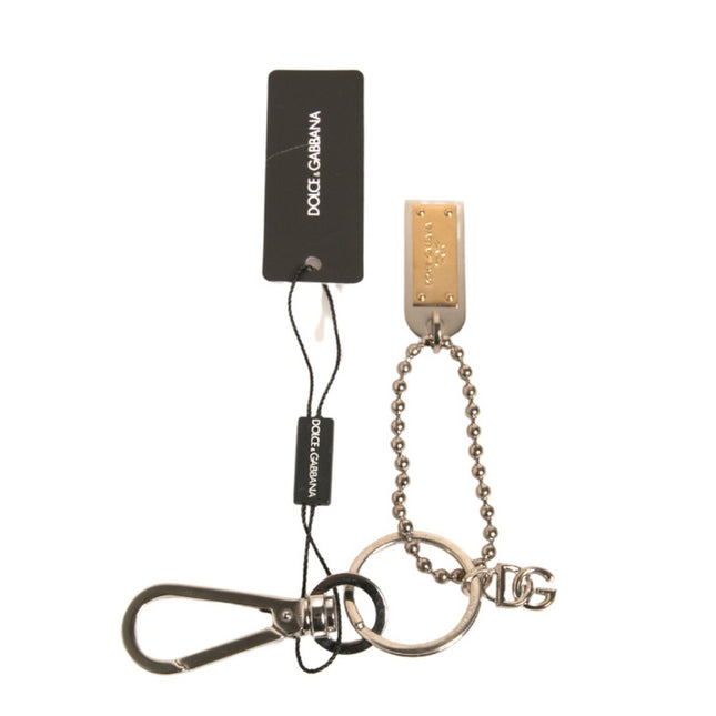 Dolce & Gabbana Silver Brass Chain Beaded Logo Plaque Keychain Keyring