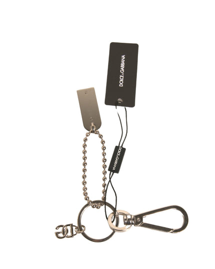 Dolce & Gabbana Silver Brass Chain Beaded Logo Plaque Keychain Keyring