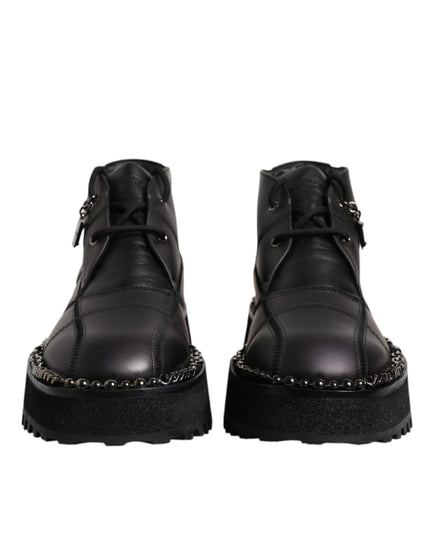 Dolce & Gabbana Black Leather Lace Up Ankle Boots Shoes