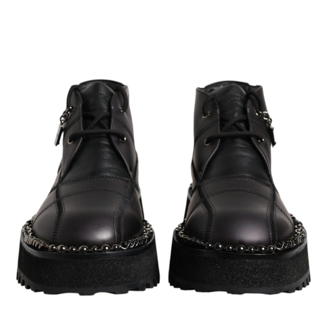 Dolce & Gabbana Black Leather Lace Up Ankle Boots Shoes