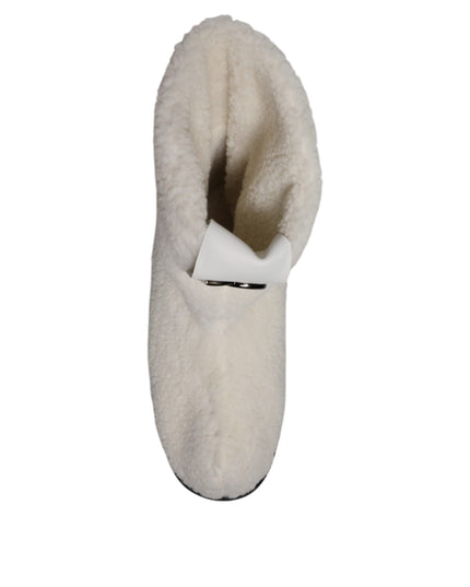 Dolce & Gabbana White Plush Logo Padded Mid Calf Boots Shoes
