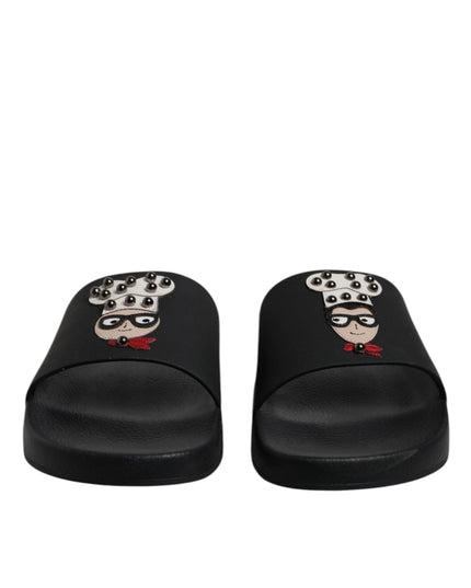 Dolce & Gabbana Black Leather Slides Sandals Beachwear Shoes