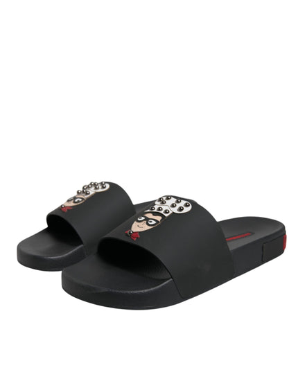 Dolce & Gabbana Black Leather Slides Sandals Beachwear Shoes