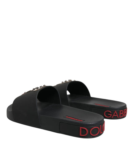 Dolce & Gabbana Black Leather Slides Sandals Beachwear Shoes
