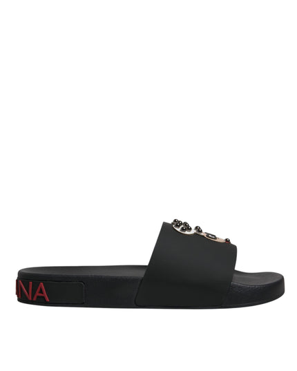 Dolce & Gabbana Black Leather Slides Sandals Beachwear Shoes