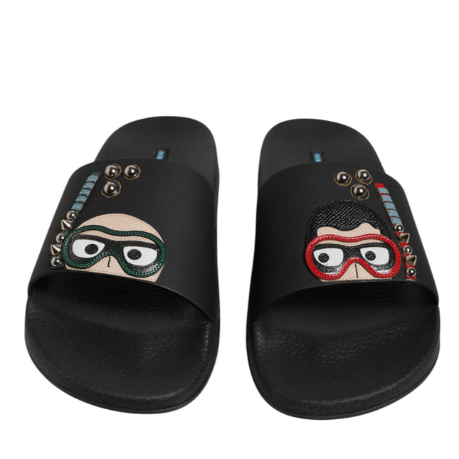 Dolce & Gabbana Black Divers Leather Flats Slides Sandals Beachwear Shoes