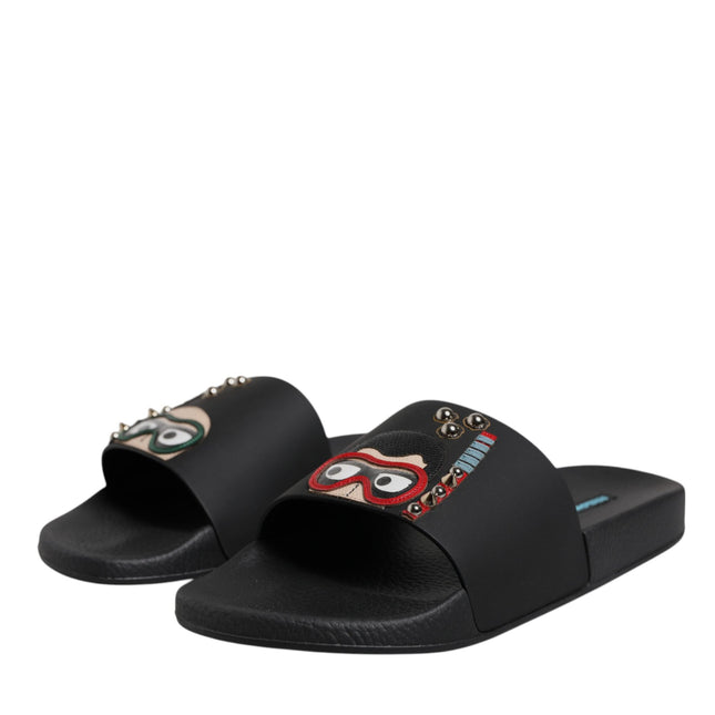 Dolce & Gabbana Black Divers Leather Flats Slides Sandals Beachwear Shoes
