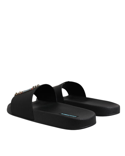 Dolce & Gabbana Black Divers Leather Flats Slides Sandals Beachwear Shoes