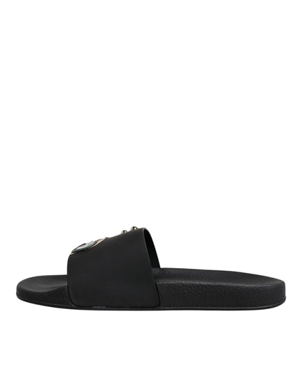 Dolce & Gabbana Black Divers Leather Flats Slides Sandals Beachwear Shoes