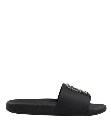 Dolce & Gabbana Black Divers Leather Flats Slides Sandals Beachwear Shoes