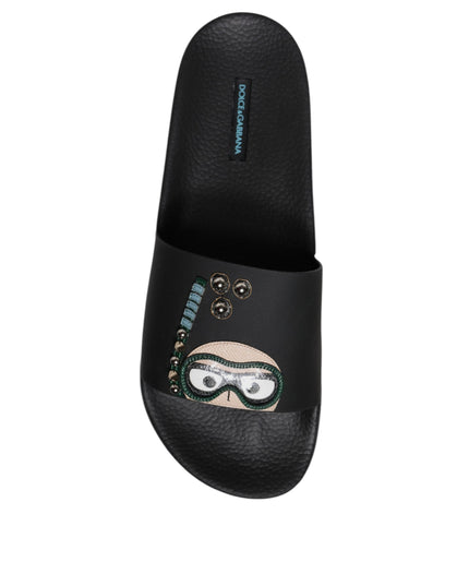 Dolce & Gabbana Black Divers Leather Flats Slides Sandals Beachwear Shoes