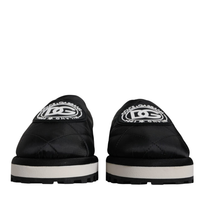 Dolce & Gabbana Black Nylon Quilted Logo Patch Sandals Slides Shoes