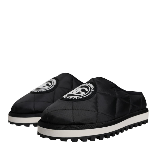Dolce & Gabbana Black Nylon Quilted Logo Patch Sandals Slides Shoes