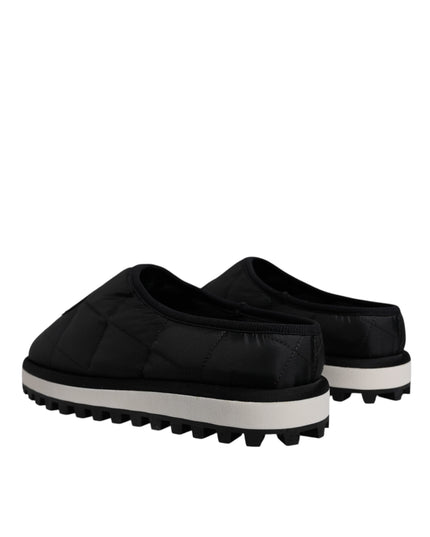 Dolce & Gabbana Black Nylon Quilted Logo Patch Sandals Slides Shoes