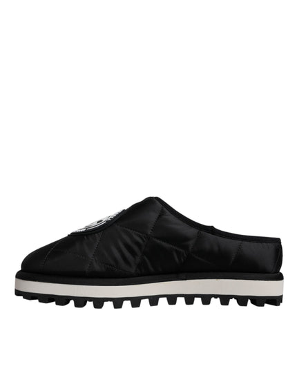 Dolce & Gabbana Black Nylon Quilted Logo Patch Sandals Slides Shoes