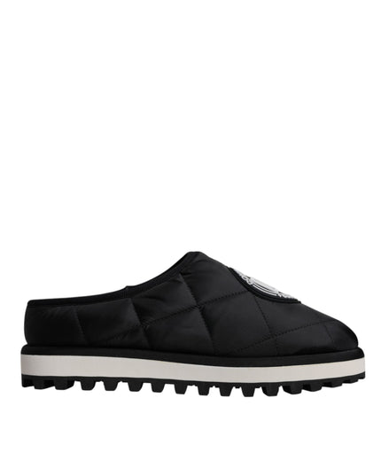 Dolce & Gabbana Black Nylon Quilted Logo Patch Sandals Slides Shoes