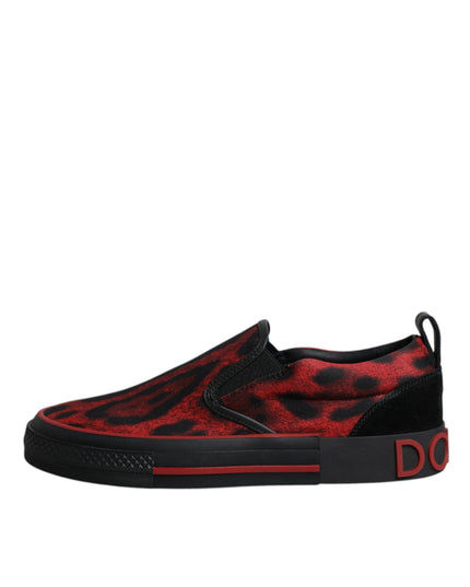 Dolce & Gabbana Red Black Leopard Cotton Men Low Top Sneakers Shoes