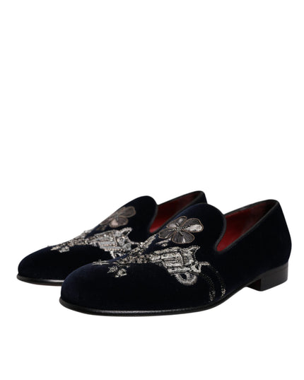 Dolce & Gabbana Black Velvet Floral Gun Loafers Dress Shoes