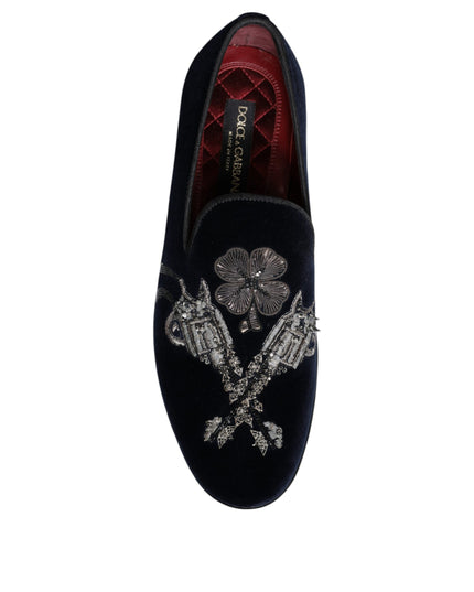 Dolce & Gabbana Black Velvet Floral Gun Loafers Dress Shoes