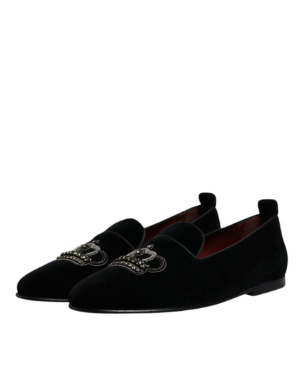 Dolce & Gabbana Black Velvet Crystal Crown Loafers Formal Dress Shoes