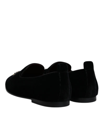 Dolce & Gabbana Black Velvet Crystal Crown Loafers Formal Dress Shoes