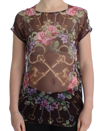 Dolce & Gabbana Black Key Floral Print Silk Blouse T-shirt