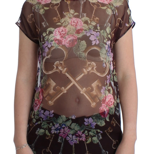 Dolce & Gabbana Black Key Floral Print Silk Blouse T-shirt