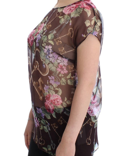 Dolce & Gabbana Black Key Floral Print Silk Blouse T-shirt