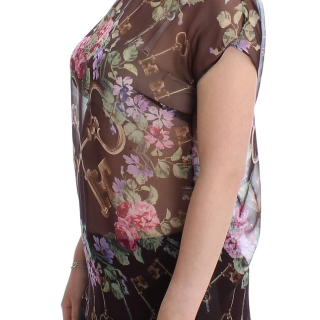 Dolce & Gabbana Black Key Floral Print Silk Blouse T-shirt