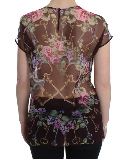 Dolce & Gabbana Black Key Floral Print Silk Blouse T-shirt