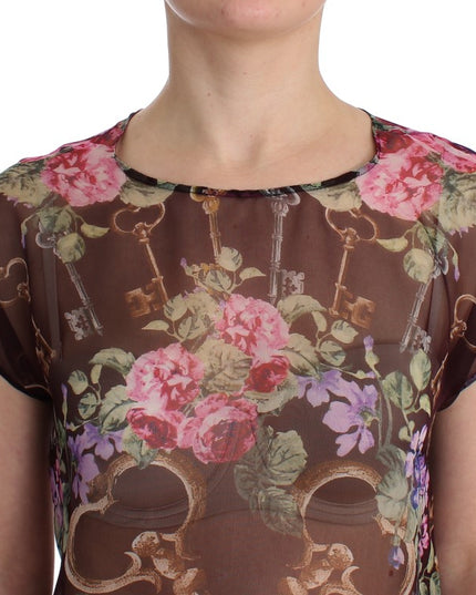 Dolce & Gabbana Black Key Floral Print Silk Blouse T-shirt