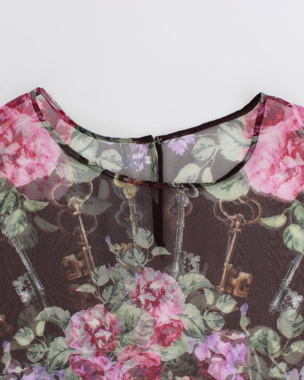 Dolce & Gabbana Black Key Floral Print Silk Blouse T-shirt