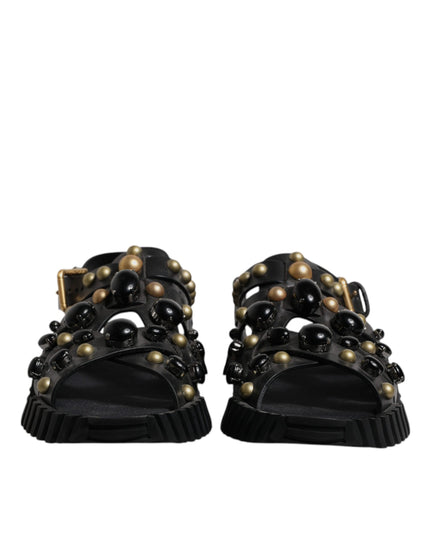 Dolce & Gabbana Black Leather Studded Slides Sandals Shoes