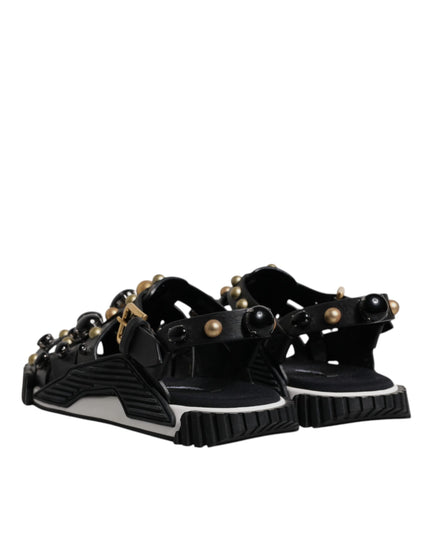 Dolce & Gabbana Black Leather Studded Slides Sandals Shoes