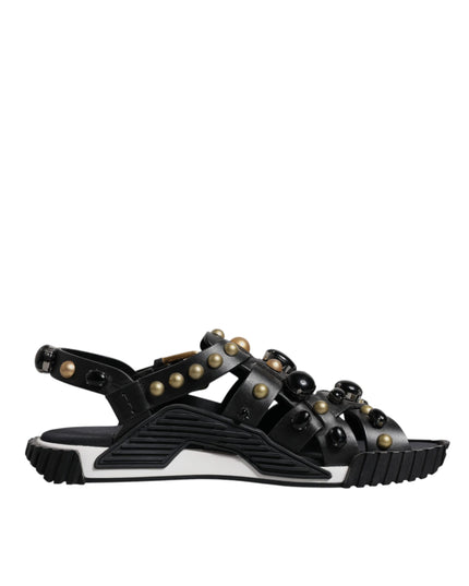 Dolce & Gabbana Black Leather Studded Slides Sandals Shoes