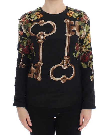Dolce & Gabbana Black Key Floral Print Silk Blouse Top