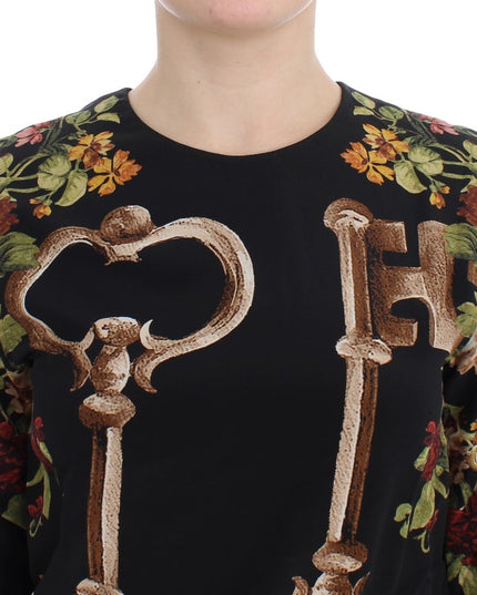 Dolce & Gabbana Black Key Floral Print Silk Blouse Top