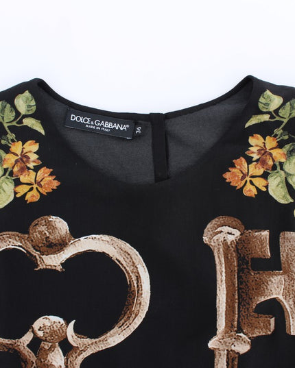 Dolce & Gabbana Black Key Floral Print Silk Blouse Top