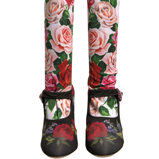 Dolce & Gabbana Black Floral Socks Crystal Boots Jersey Shoes