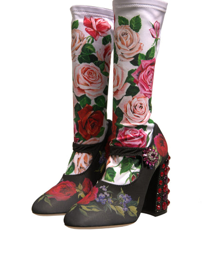 Dolce & Gabbana Black Floral Socks Crystal Boots Jersey Shoes