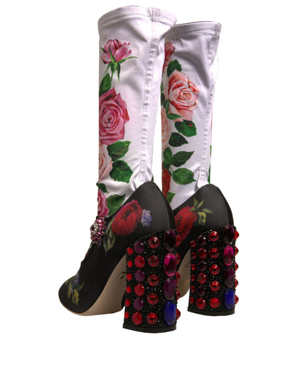 Dolce & Gabbana Black Floral Socks Crystal Boots Jersey Shoes
