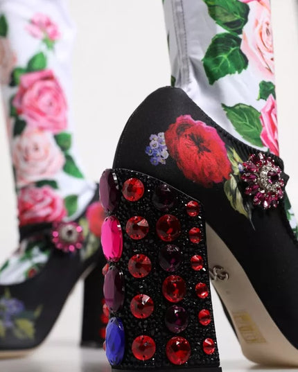 Dolce & Gabbana Black Floral Socks Crystal Boots Jersey Shoes