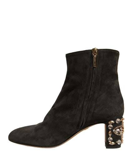 Dolce & Gabbana Black Embellished Heel Ankle Boots Shoes