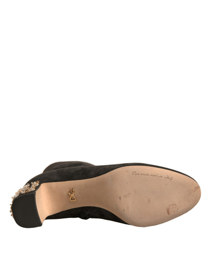 Dolce & Gabbana Black Embellished Heel Ankle Boots Shoes